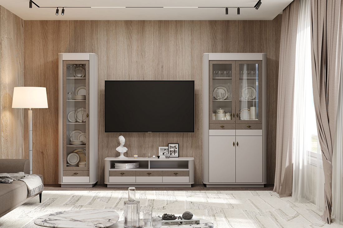 Шкаф комбинированный 34.05 Фантазия New кашемир/дуо/профиль kroning кашемир патина №30.1/профиль masa decor дуо/ДВПО белый/стекло